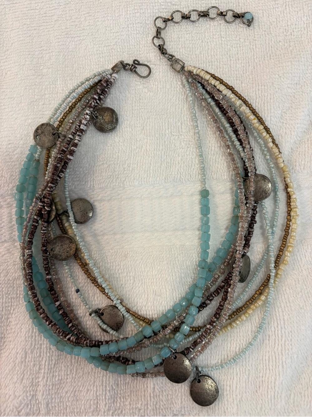 Layered Aqua Bead Necklace with Antiqued Silver Discs